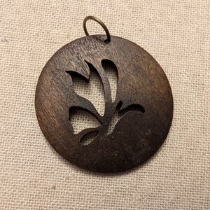 Round Wooden Pendant with Cutout Floral Design - Dark Brown #3